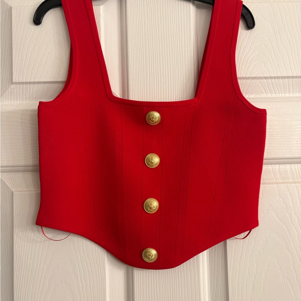 L'AGENCE Red Crop Top with Gold Buttons